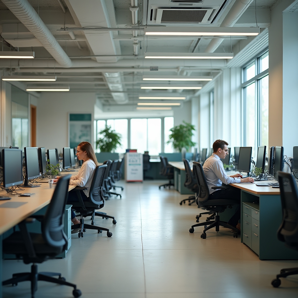 A partially empty Czech office space with a few desks in use and a sign indicating hybrid working days