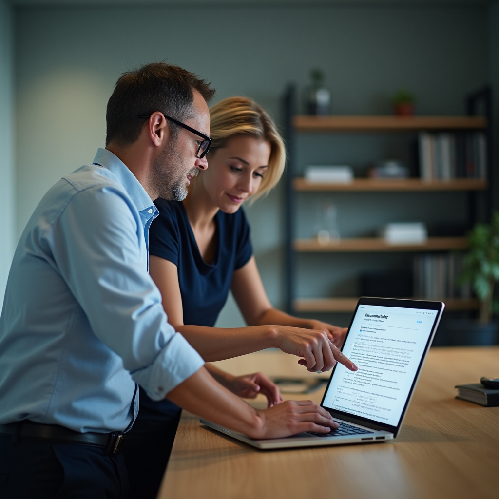Two colleagues reviewing a shared internal documentation page on a laptop screen during a handover