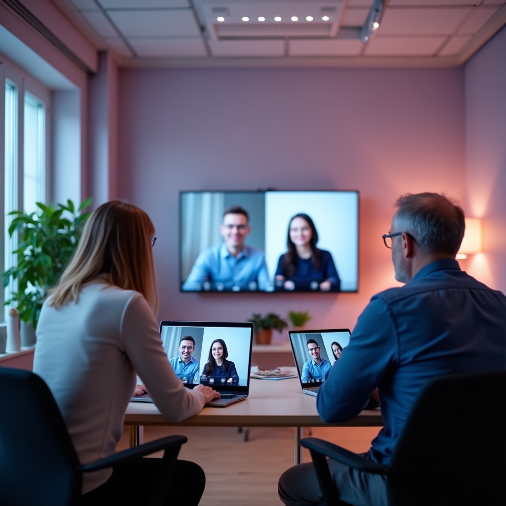 A conference room in a Czech office with a video call visible on the main screen and two colleagues seated at the table