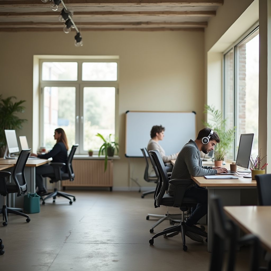 A small hybrid office with several empty desks on a remote work day and one colleague working quietly