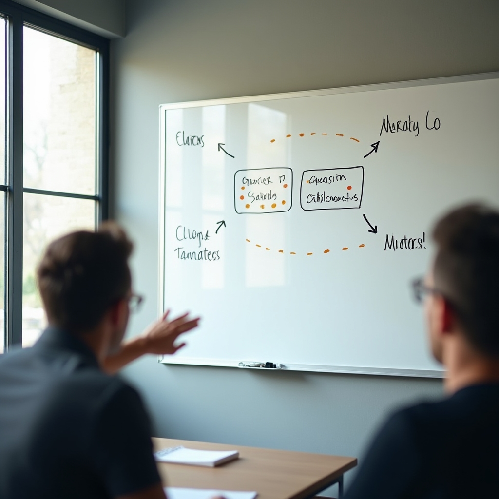 A whiteboard diagram sketching a decision framework for choosing communication tools based on team behavior
